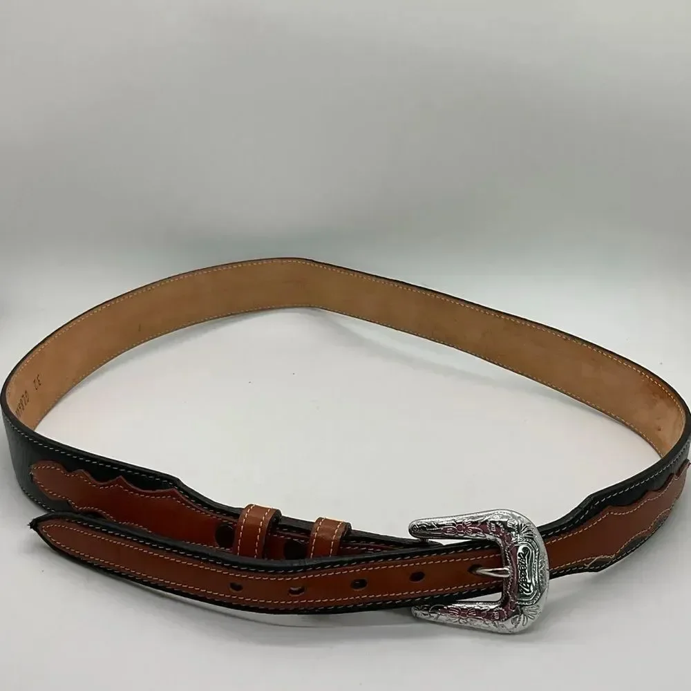 Tony Lama Men's Black and Brown Leather Belt with Silver Buckle